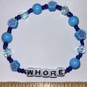 Handmade Blue Beaded Letter Charm Bracelet Stretch Elastic Stacking Boho y2k